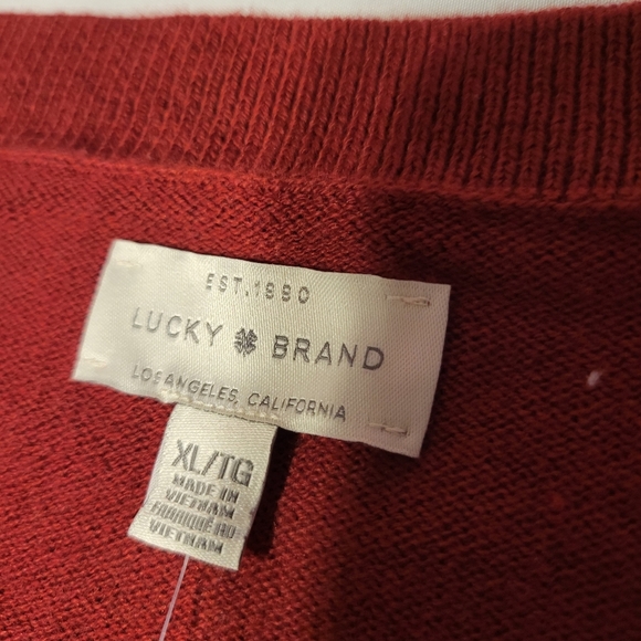 Lucky Brand Women's V-Neck Sweater, Long Sleeves, Side Slits, Cotton Blend, Red - Picture 4 of 9
